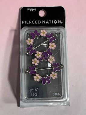 Pierced Nation 9/16” 14 Gauge 316L Purple & Pink Flowers & Butterfly Nipple Ring